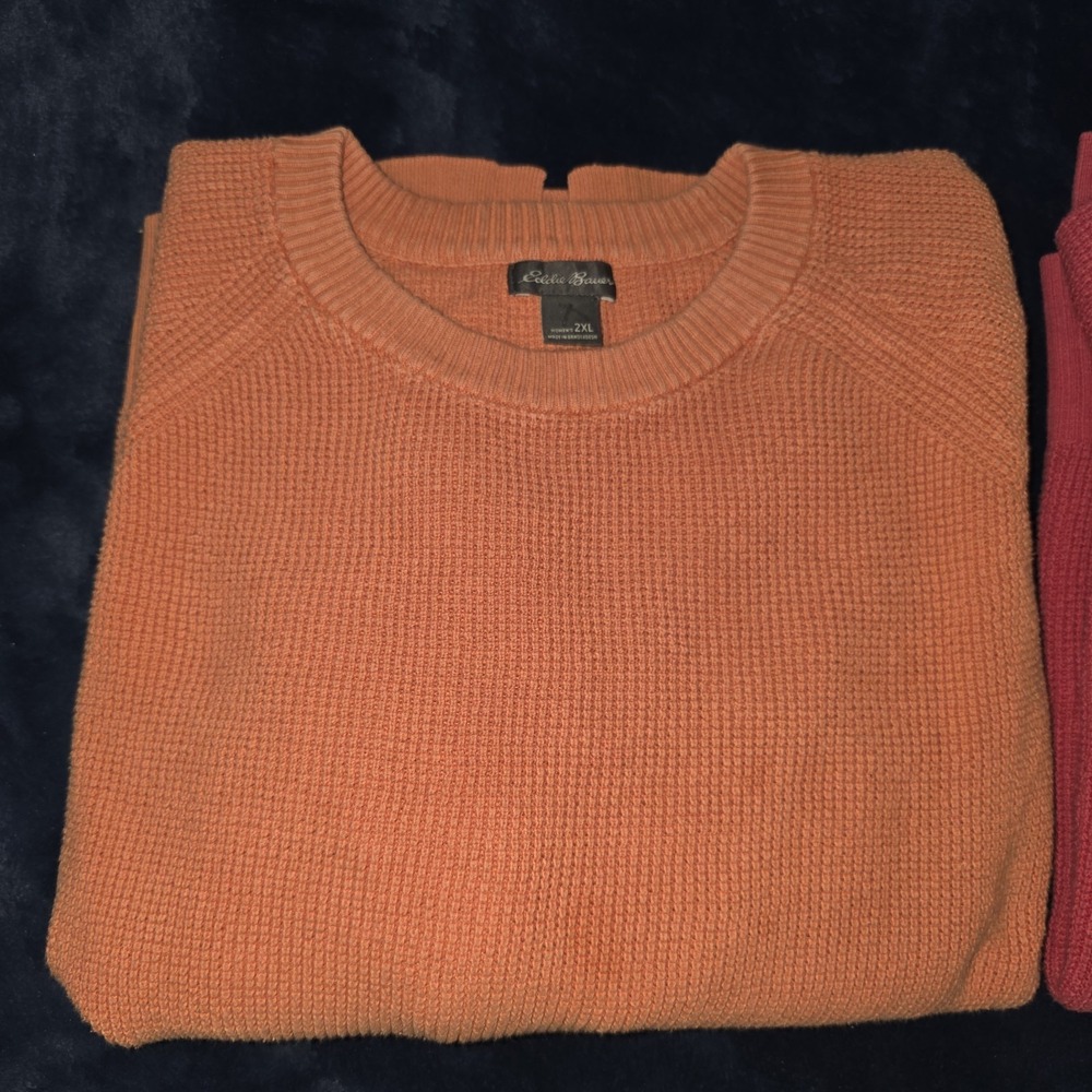 Eddie Bauer Waffle Knit Sweater 2XL XXL Orange & Pink‎ 2 Pc Crewneck Shirt Lot - Picture 2 of 12
